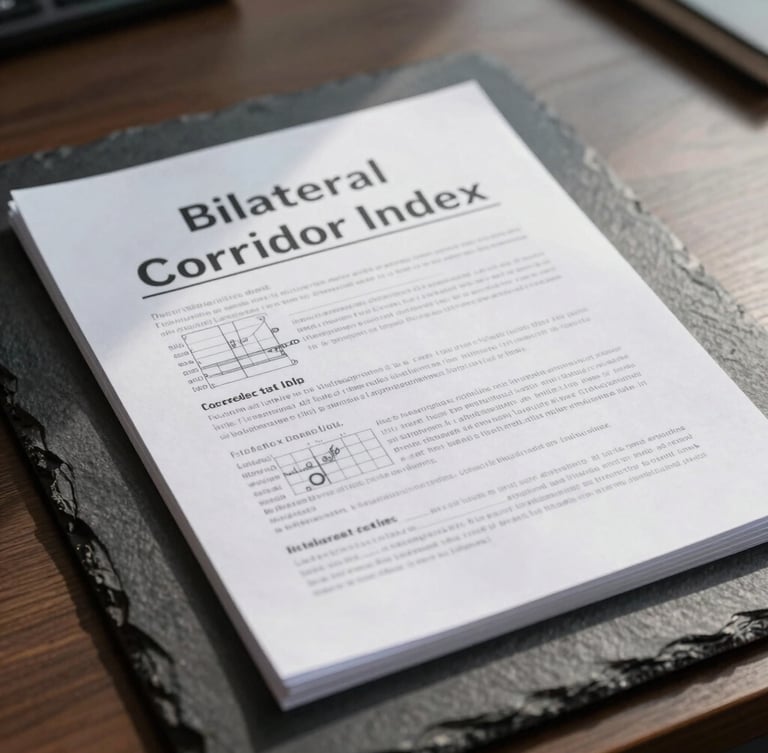 Tight macro photograph of a bound, printed intelligence brief resting on a dark slate boardroom table. Sharp, directional interior office lighting casts crisp shadows across the heavy paper texture, highlighting technical charts and the words 'Bilateral Corridor Index'. No people, clean corporate atmosphere.