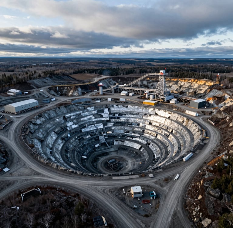 Aerial wide-angle view of a remote Canadian critical mineral mining operation in northern Ontario, rugged landscape under overcast cool northern daylight, high-contrast, metallic textures.