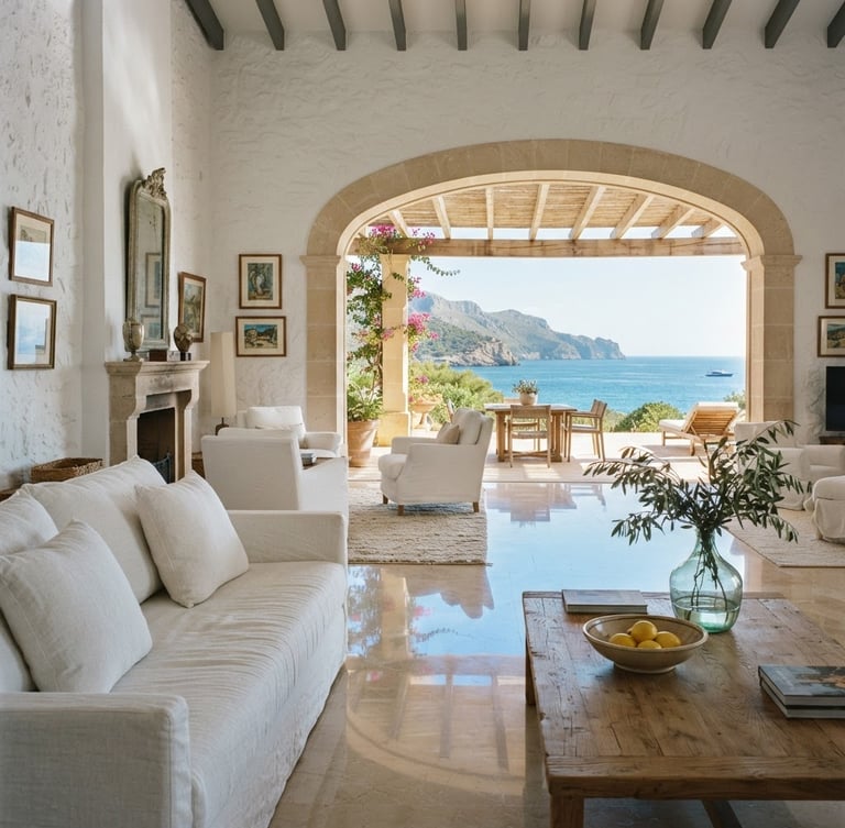 Amplio interior de villa mediterránea bañado por el sol, con suelo de mármol pulido y muebles blancos, reflejando el cielo de Mallorca, luz natural cálida, suaves sombras, estética residencial de lujo, 35mm.