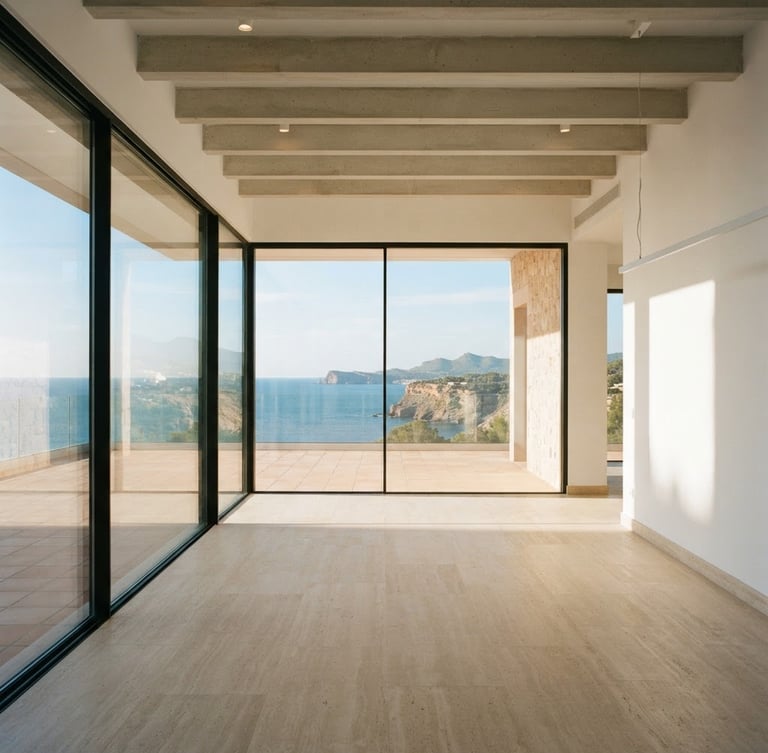 Wide-angle shot of a newly constructed, empty modern room in Mallorca, pristine and sun-drenched, with light reflecting off clean glass, architectural lines, soft shadows, high-end residential aesthetic, 35mm