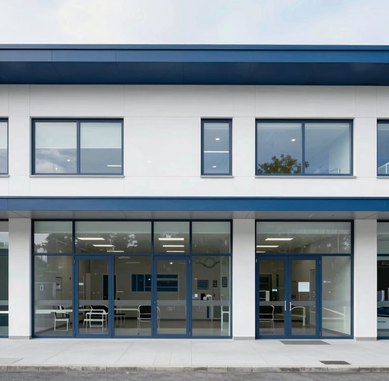 A clean clinical photograph of an architectural exterior of a modern sports medicine facility in Lausanne, bright neutral daylight, crisp white and deep blue tones, sharp focus, 35mm lens.