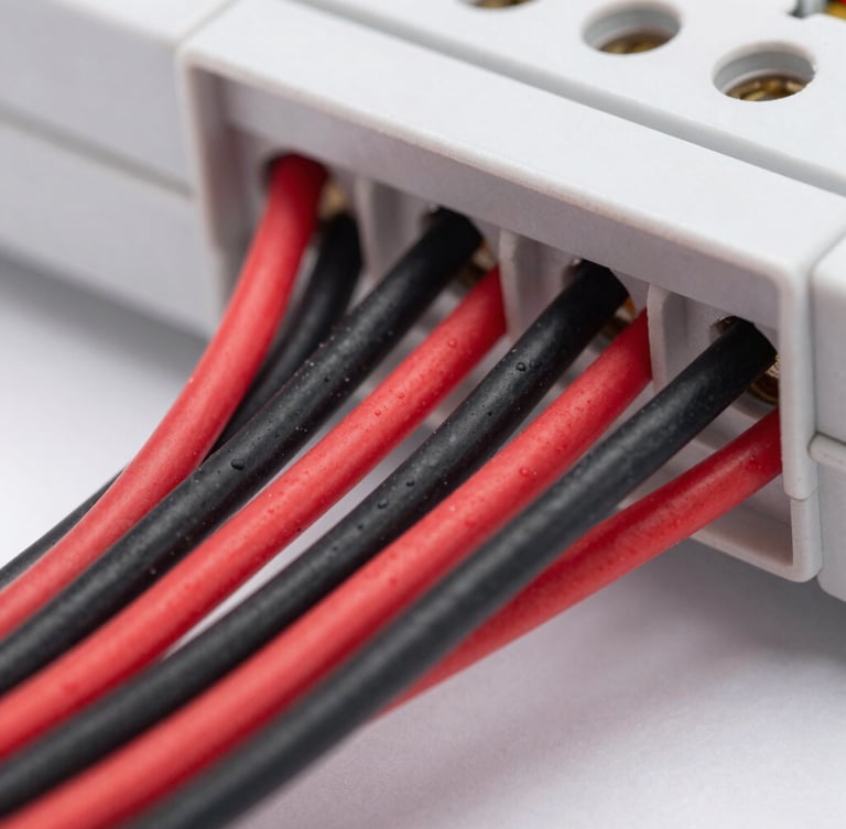 Macro shot of a neatly wired modern consumer unit with clean red and black wires perfectly organized, high contrast, sharp details, 35mm