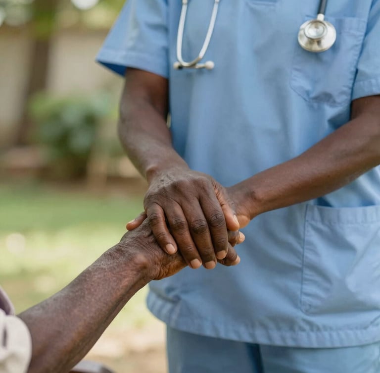 A close-up of a compassionate Ghanaian caregiver holding the hand of an elderly resident in a sunlit garden, shallow depth of field, warm editorial style.