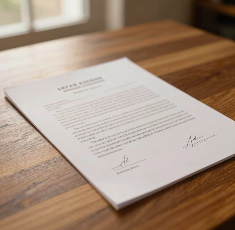 Close-up of signed legal documents on an espresso oak table, warm natural side light, shallow depth of field, 35mm