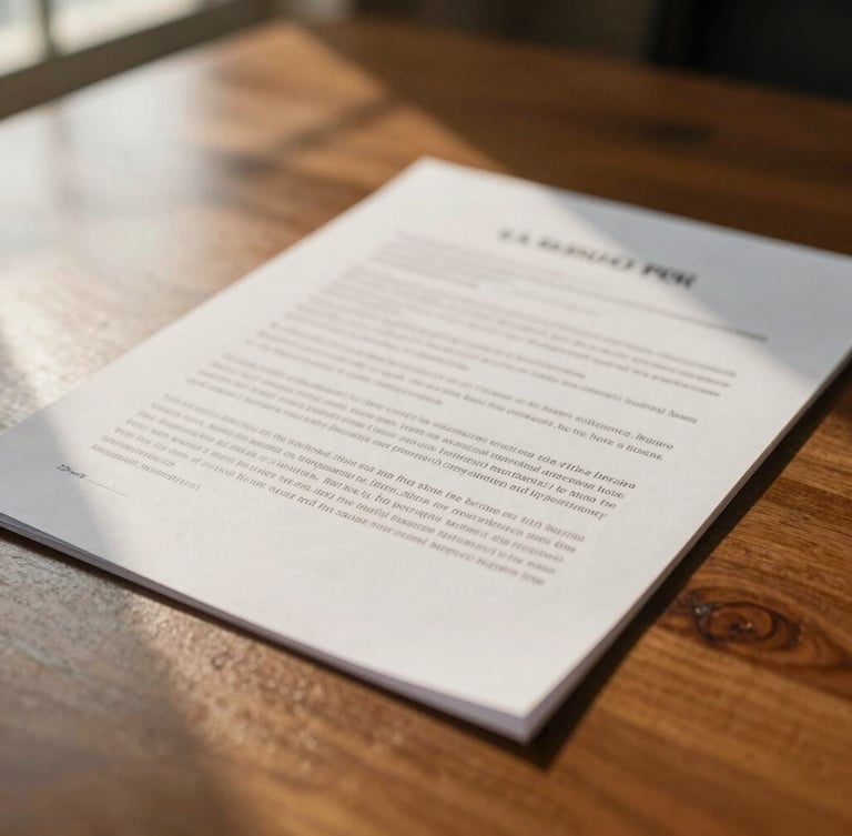 Close-up of a structured printed legal document on an espresso wooden desk, warm window light casting soft shadows, 35mm photography