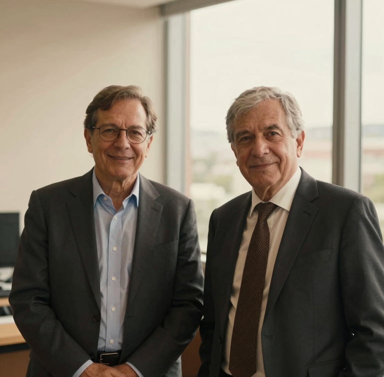 Warm editorial portrait of two senior corporate consultants in a structured Bogotá office, soft window light, rich espresso tones, shallow depth of field, 35mm