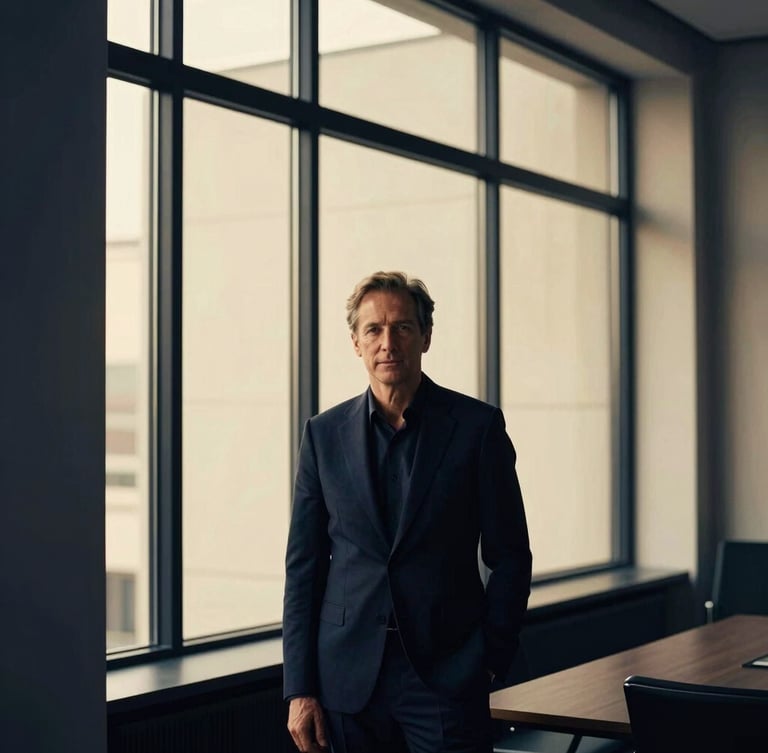 Professional environmental portrait of Abbe Beaucicot in a modern, minimalist office setting, warm golden-hour window light, deep navy and champagne tones, 35mm