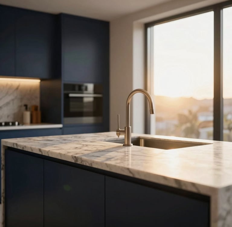 Tight shot of a modern luxury kitchen island with marble countertop, warm golden-hour light streaming from a large window, elegant architectural detail, shallow depth of field, 35mm.
