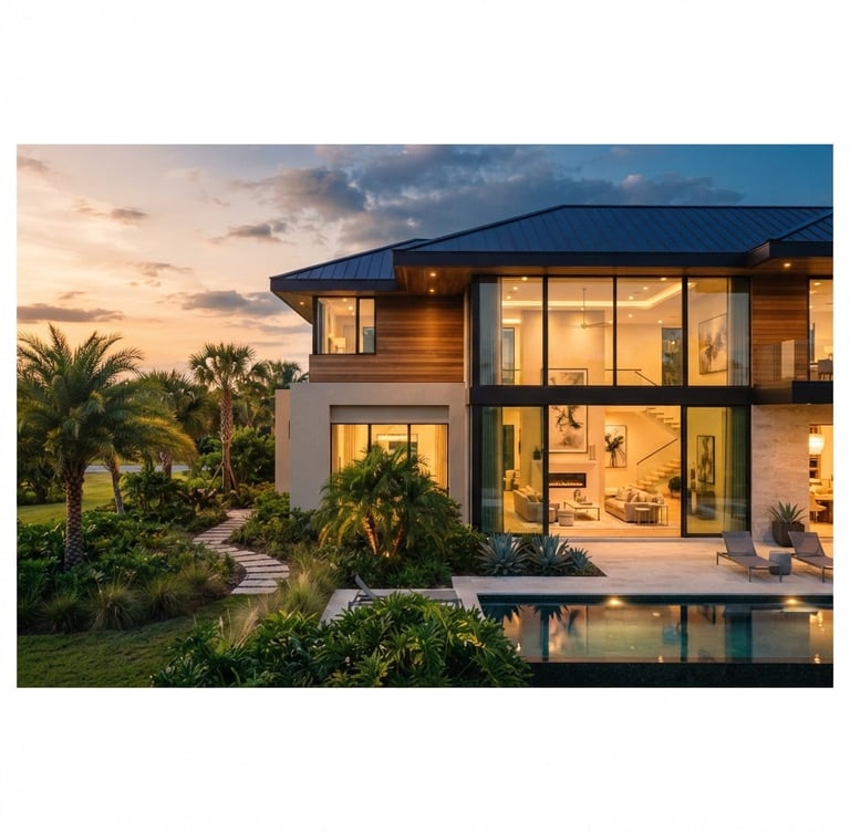Wide-angle architectural shot of a modern luxury estate in Central Florida, bathed in warm golden-hour light through large windows, showcasing clean lines and high-end materials, with generous negative space to the left, luxury editorial photography, deep navy and champagne tones, 35mm