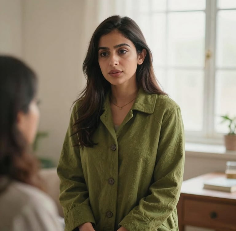 Medium-close portrait of Dr. Juweriya in a warm green coat consulting an expectant mother, soft natural window light, shallow depth of field, 35mm.