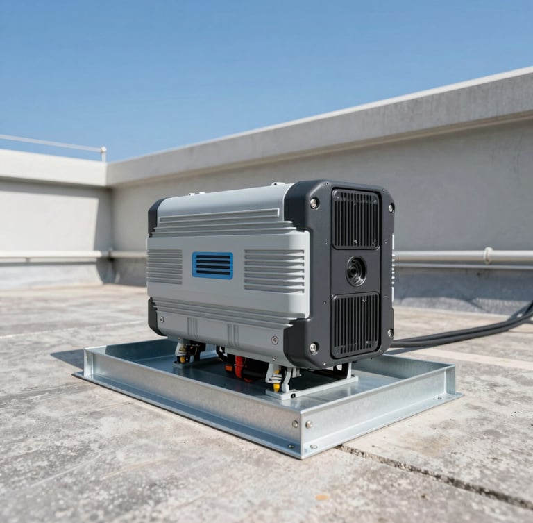 Close-up of clean, professional inverter wiring and heavy-duty mounting frames on a concrete rooftop, sharp architectural photography, crisp blue sky