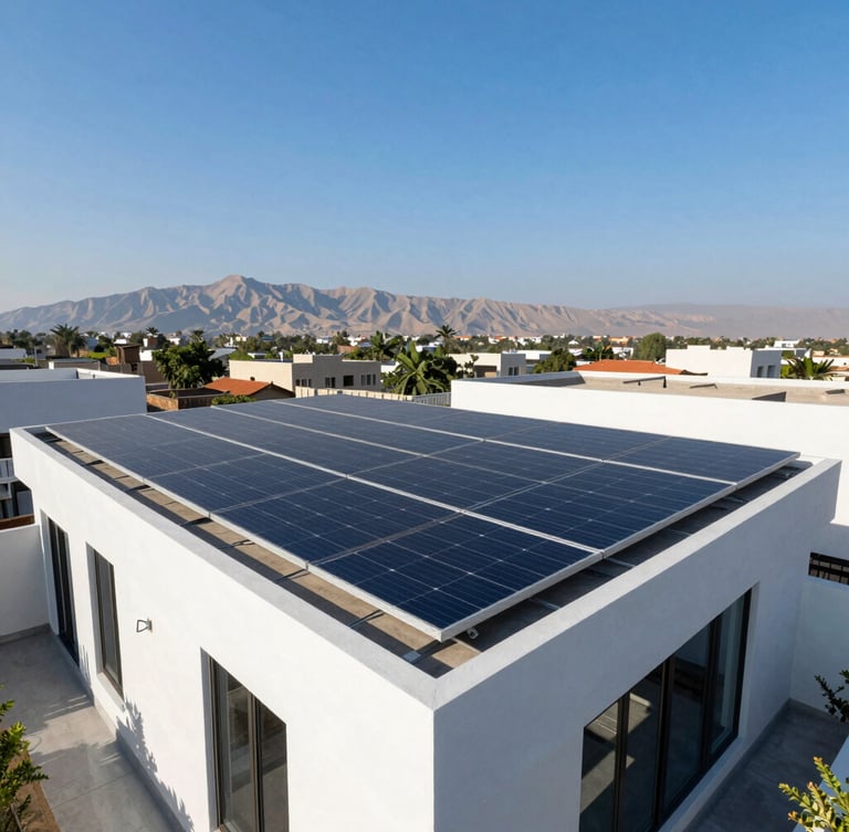 Sharp architectural photography of a modern Islamabad villa with clean solar panels integrated into the roof under bright afternoon sunlight, Margalla hills in the distance.