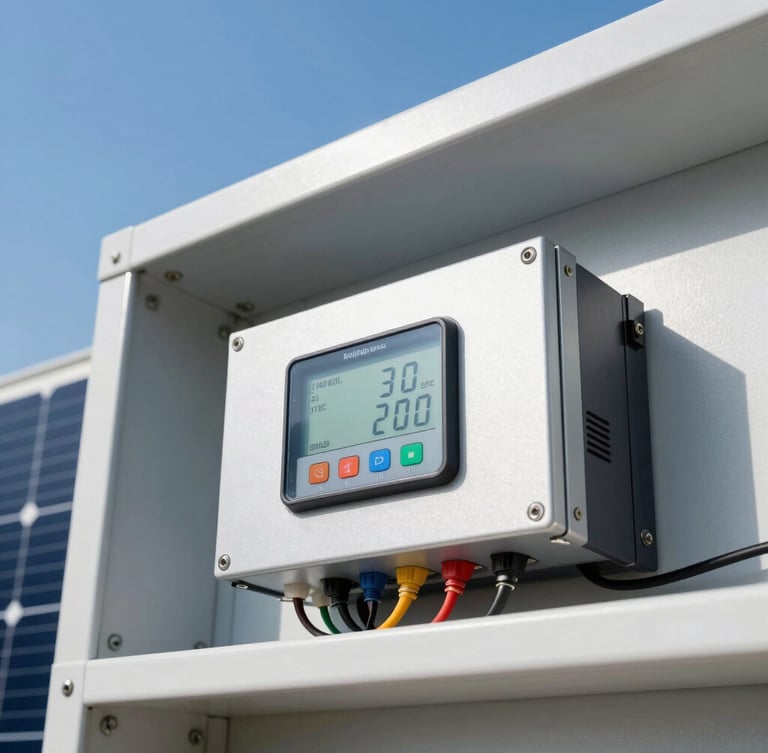 Close-up of clean solar inverter wiring and a digital power meter inside a modern utility room, bright direct sunlight, sharp architectural photography.