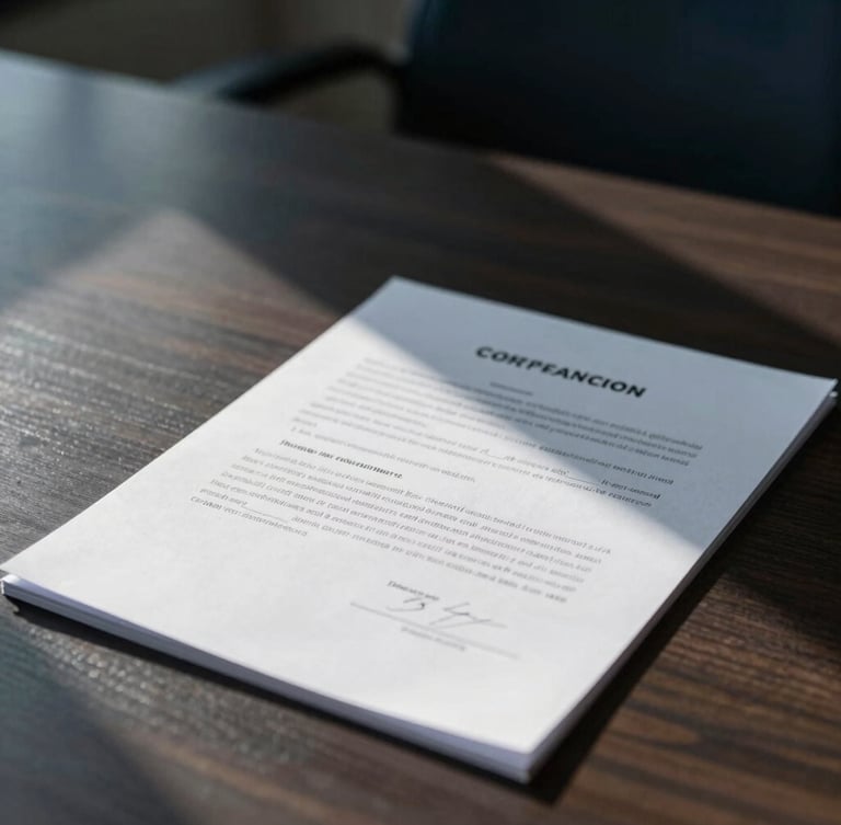 Close-up of signed legal documents on a dark wood desk, architectural shadows, professional corporate interior lighting, sober and highly institutional, sharp focus