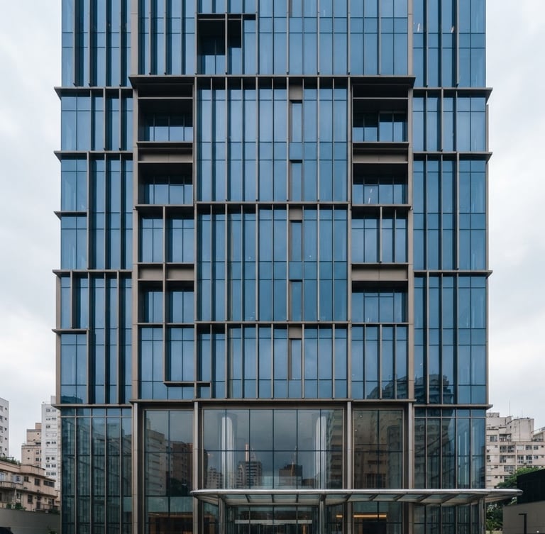 Sober architectural photography of a modern high-end corporate building facade in São Paulo, soft natural light, deep corporate blue tones, sharp focus, 35mm
