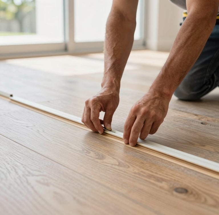 Crisp architectural close-up of a flooring crew member's hands installing precision transition strips, bright natural Florida daylight, low-angle floor-level shot.