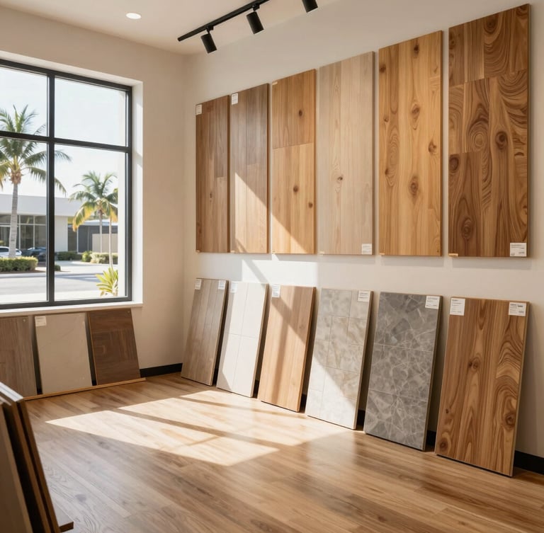 Interior shot of a modern, organized flooring showroom on Atlantic Boulevard, showcasing various hardwood, tile, and luxury vinyl samples, bright natural Florida daylight streaming through windows, clean architectural photography, warm oak and neutral tones, sharp detail, 35mm lens