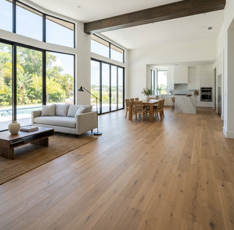 Wide shot of a newly installed, flawless hardwood floor in a modern, sunlit Jacksonville home, clean architectural photography, bright natural window light, warm oak tones, sharp detail, 35mm lens