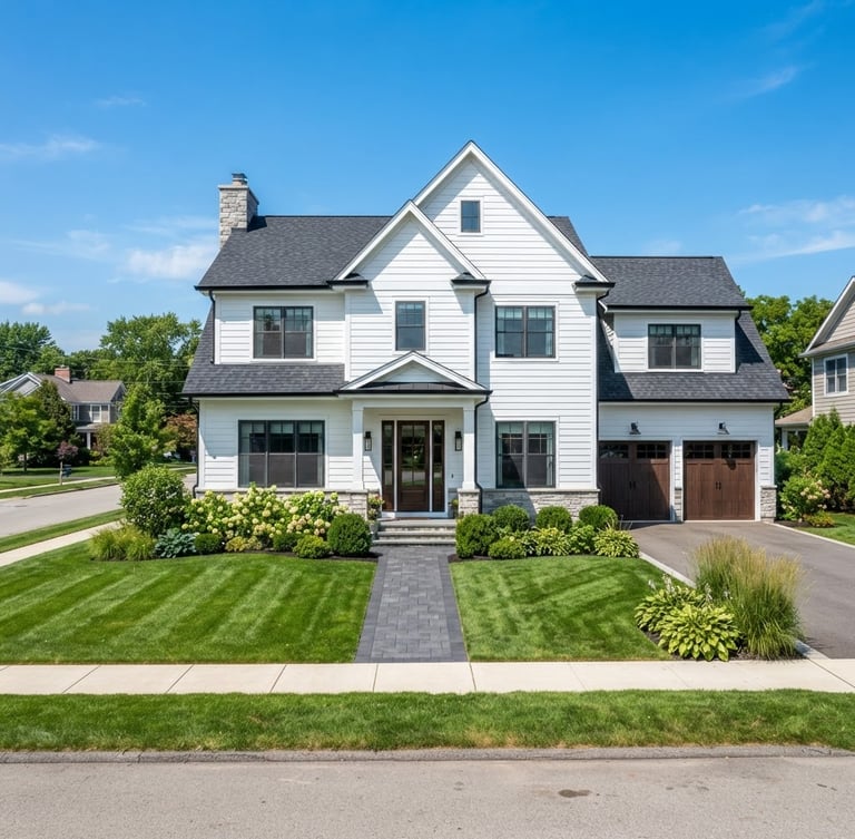 Crisp commercial photography of a pristine suburban house with clean white siding and a spotless dark gray shingle roof, bright midday sunlight, sharp focus