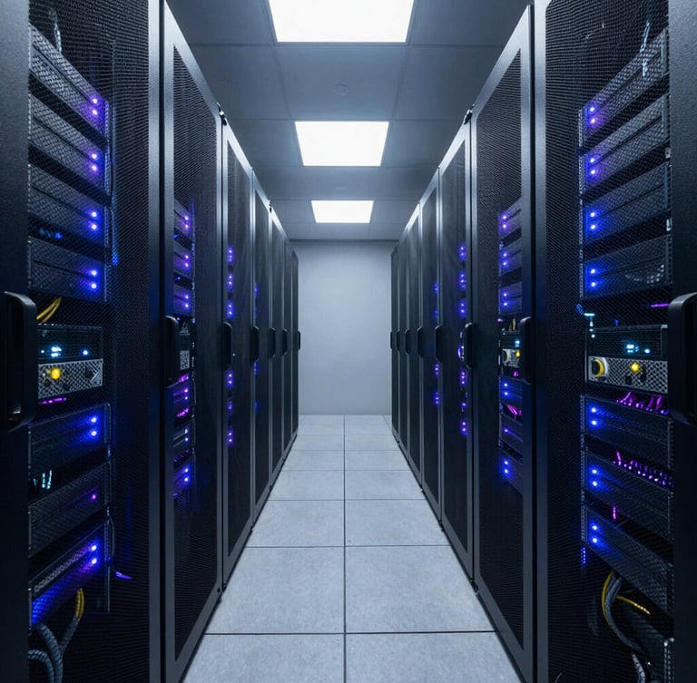 Symmetrical wide angle shot of a high-end enterprise data center corridor, clean server racks with cool-toned blue and violet LED indicator lights, pristine cable management, low-key dramatic lighting.