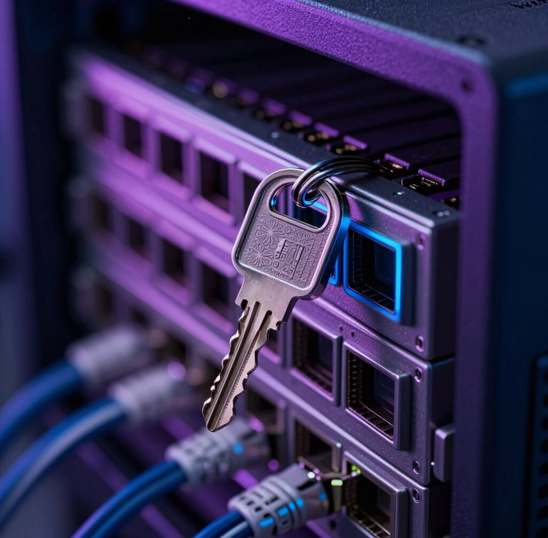 A precise macro shot of a physical security key inserted into a high-end server blade, low-key dramatic studio lighting with cool-toned violet and deep blue rim lights, clean structured cable management visible in the soft-focus background.