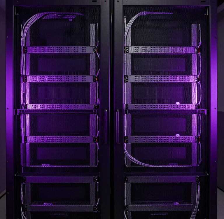 Symmetrical, low-key dramatic studio shot of enterprise server racks, cool-toned violet rim lighting, clean cable management, sharp technical focus.