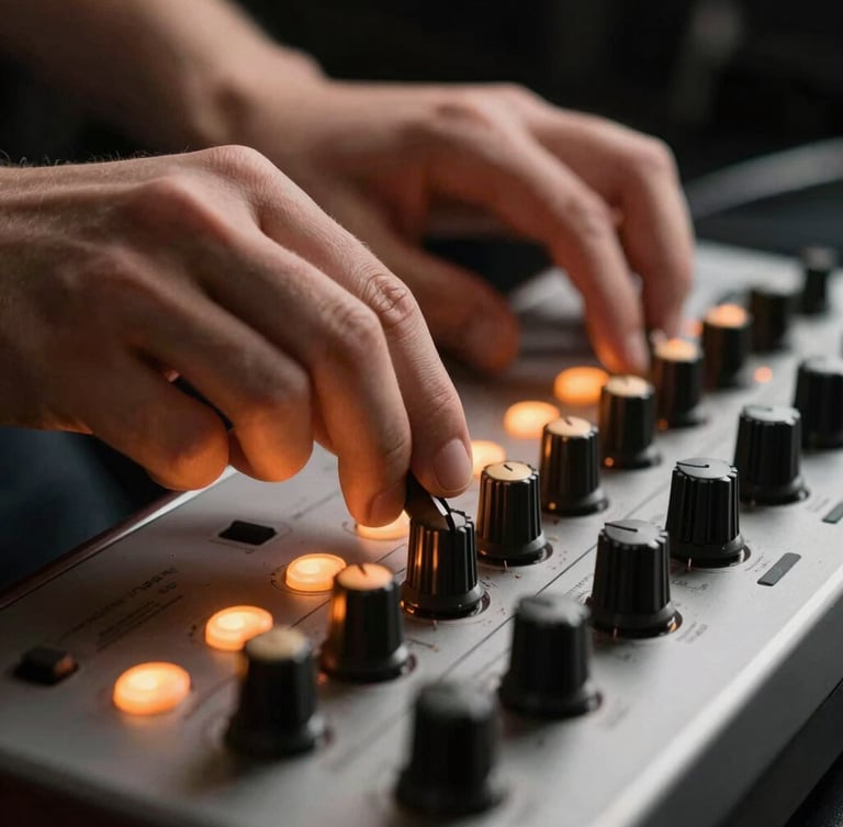 Extreme close-up of hands adjusting the decay knob on a vintage drum machine, glowing orange LEDs illuminating a dusty metal faceplate, dark moody studio background.