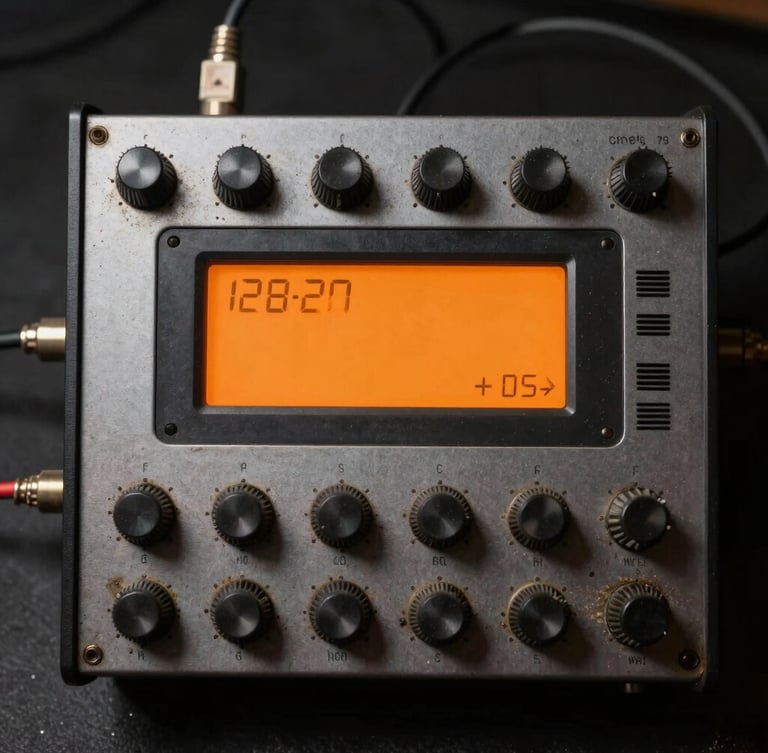 Top-down view of a classic 12-bit sampler interface, dusty grey metal, orange LCD screen glowing in a dark room, cables patched.