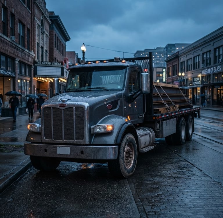 A professional flatbed commercial truck parked on a wet Tacoma streetscape during cool Pacific Northwest twilight, sharp focus, 35mm lens.