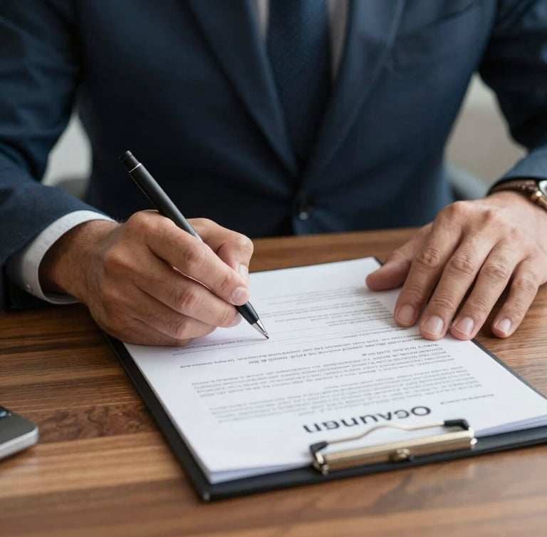 Close-up of hands signing official Washington state insurance documents on a wooden desk, warm interior office lighting, professional and authentic