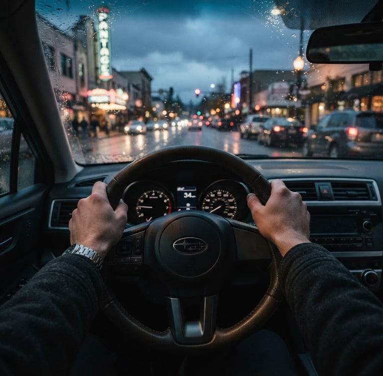 Close-up of hands on a leather steering wheel, driving through wet Tacoma streets at dusk, city lights reflecting on the windshield, cool Pacific Northwest tones, 35mm lens.