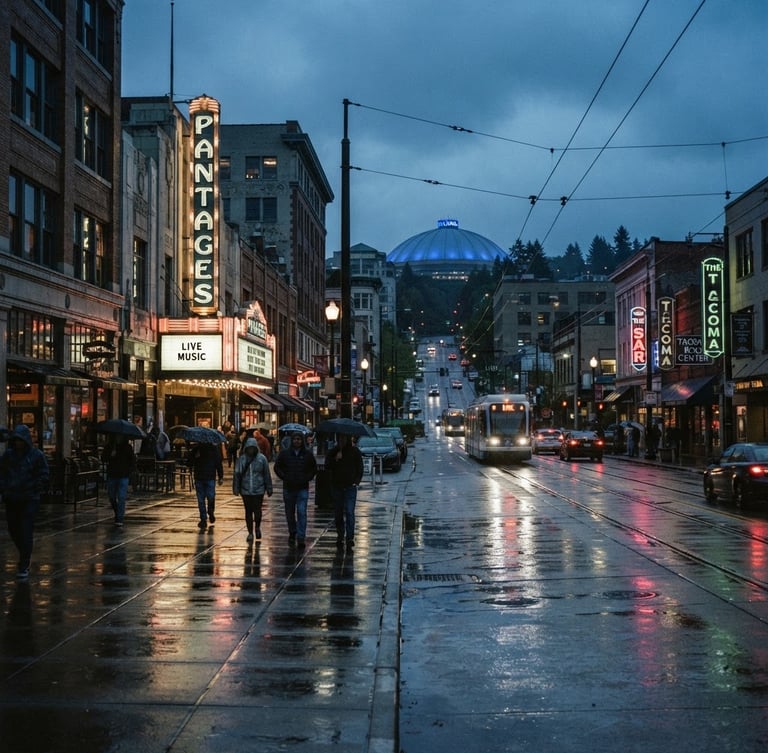 Authentic editorial photography of Tacoma streetscape at dusk, wet-weather Pacific Northwest overcast lighting, deep blues, sharp focus, 35mm lens.