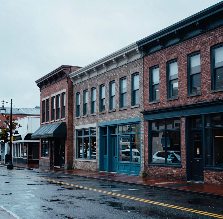Authentic streetscape of Commerce Street in Tacoma during a wet Pacific Northwest afternoon, historic brick buildings, realistic overcast daylight, 35mm lens