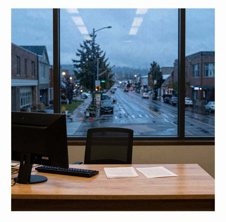Authentic editorial photography of a professional office desk in Tacoma, warm interior lighting contrasting with wet-weather Pacific Northwest overcast street visible through the window, sharp focus, 35mm lens.