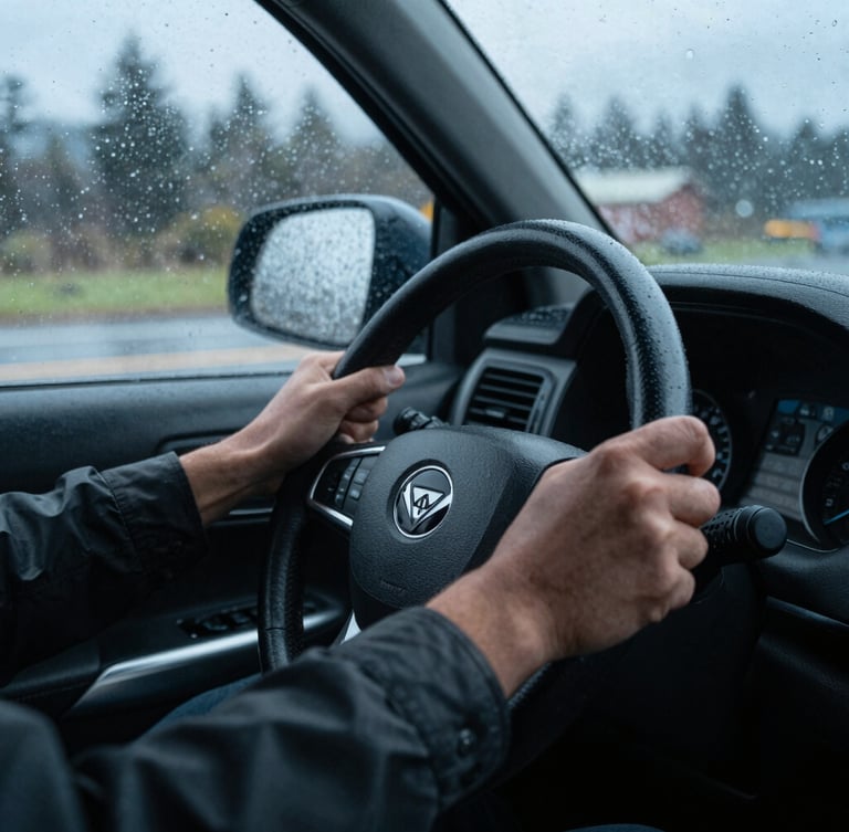 Close-up of hands securely gripping a steering wheel, driving on a rainy Tacoma street, cool Pacific Northwest overcast daylight, sharp focus, 35mm lens