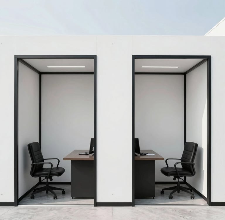 Symmetrical wide-angle architectural shot of a minimalist private office cabin, clean white walls, matte black steel frames, bright cool daylight, premium leather chairs.