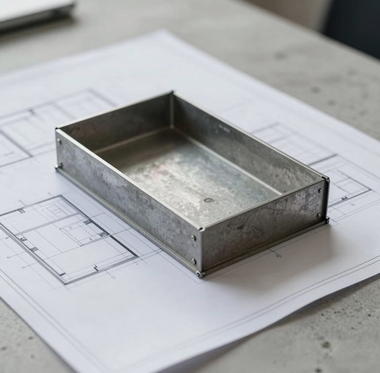 Close-up of structured architectural blueprint on a concrete desk, cool overcast daylight, desaturated steel and concrete tones, sharp focus, 35mm lens