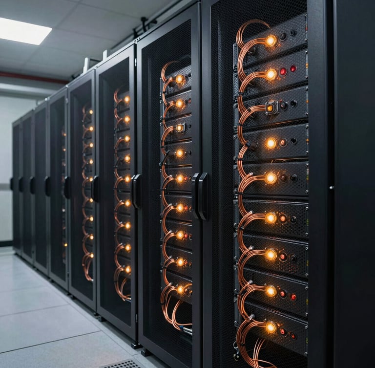 Wide angle of a clean, professional mining server rack facility, tidy copper wiring, glowing amber status lights, low-key high-contrast lighting