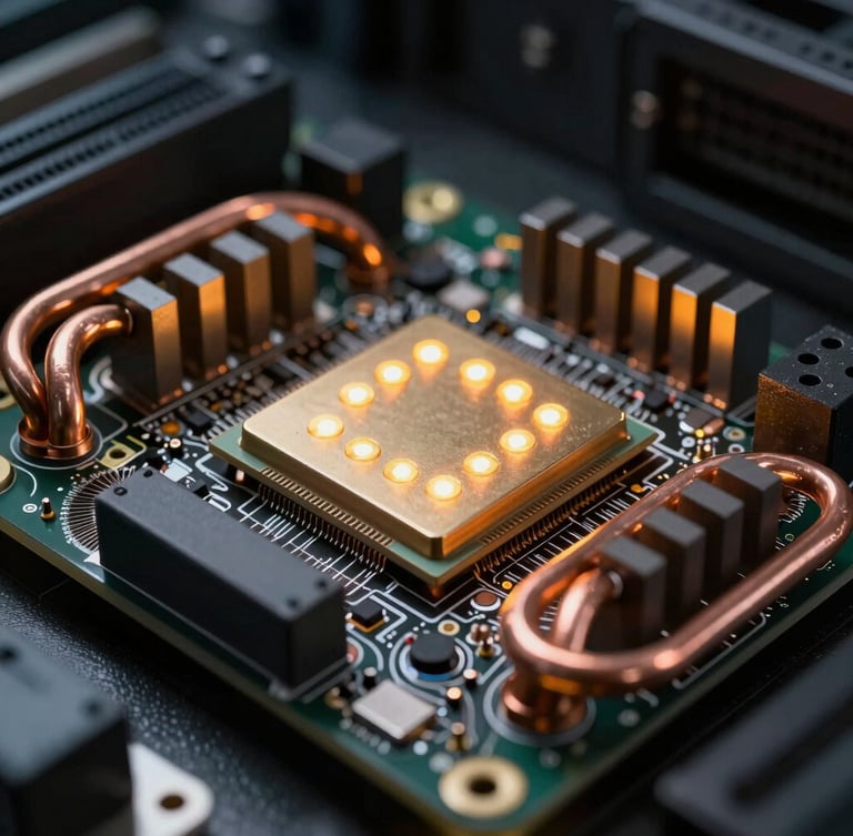 Macro close-up of a high-performance ASIC hashing board, copper heat pipes, and amber LED status lights glowing in a dark server room.