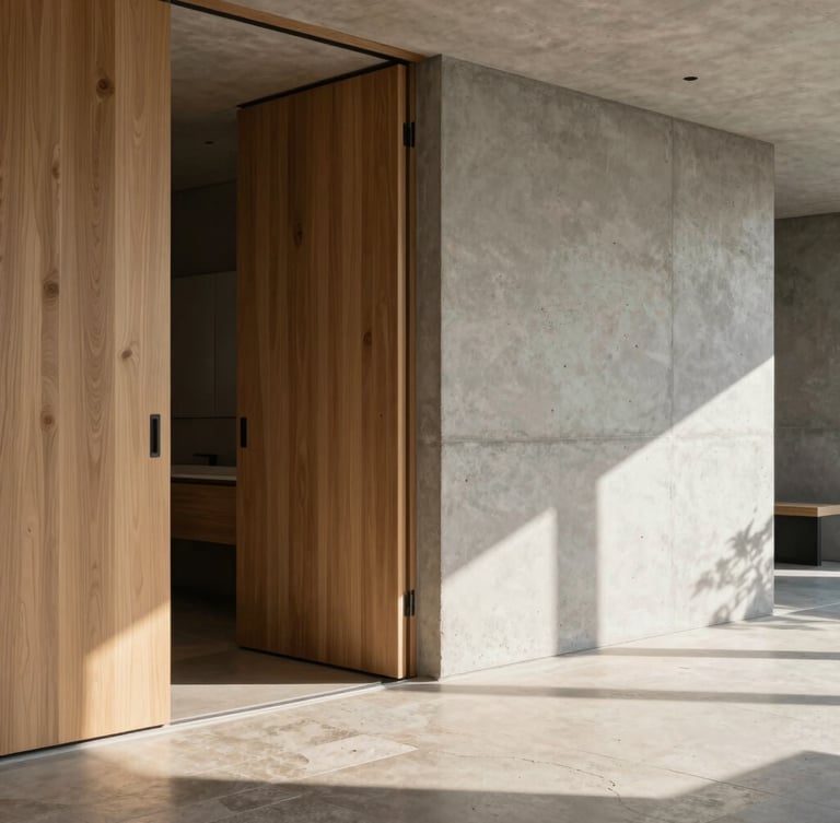 Close-up of modern interior living room, sliding wooden panels, raw concrete wall, natural stone floor, soft sunlight casting long shadows, sophisticated design