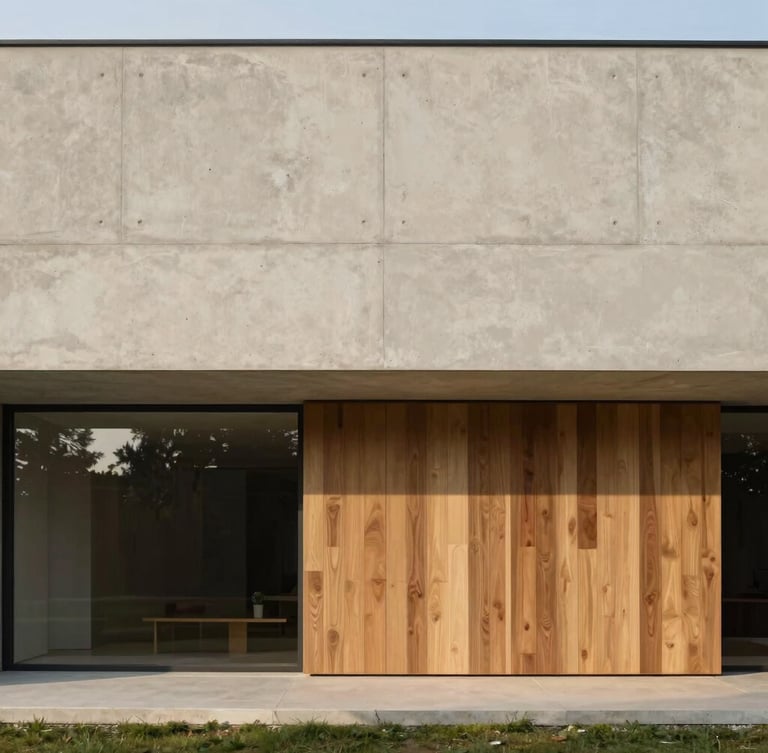 Wide architectural shot of a minimalist luxury house facade, warm natural light, concrete and wood textures, clean lines, serene atmosphere, Hasselblad 80mm