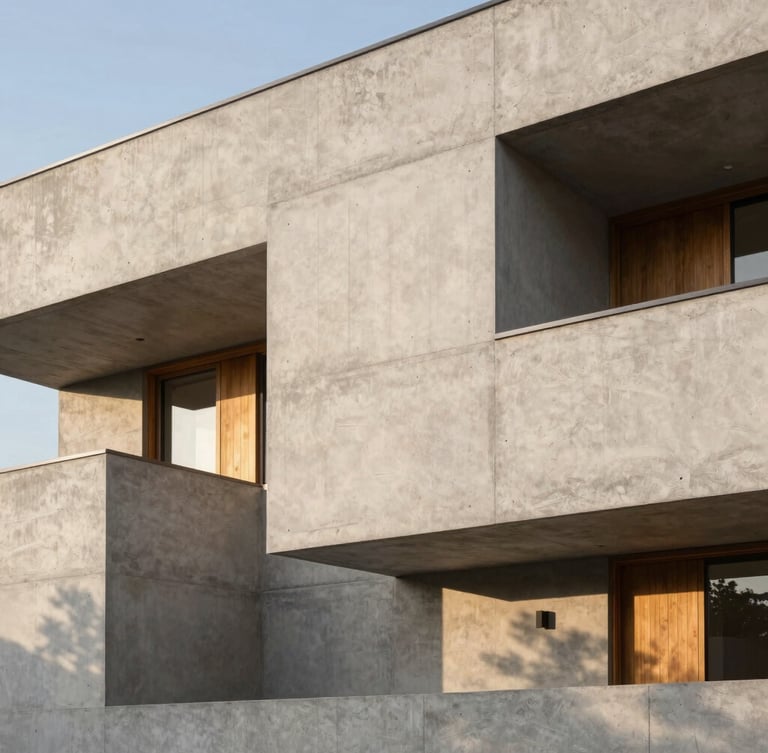 Minimalist concrete residential building facade with sharp linear shadows, warm wood accents under soft afternoon daylight, architectural photography