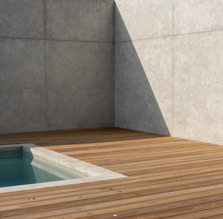 Minimalist private pool deck with warm wood planks, concrete walls, soft afternoon shadows, architectural details