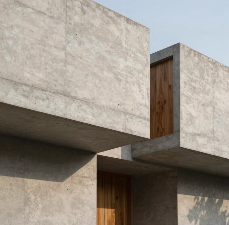 Minimalist architectural photography of Casa 35, raw concrete cantilever structures, sharp geometric shadows, soft natural daylight, Hasselblad 80mm