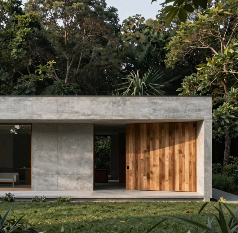 Wide architectural photograph of a minimalist luxury concrete and wood estate integrated into a lush forest, soft afternoon daylight, Hasselblad 80mm