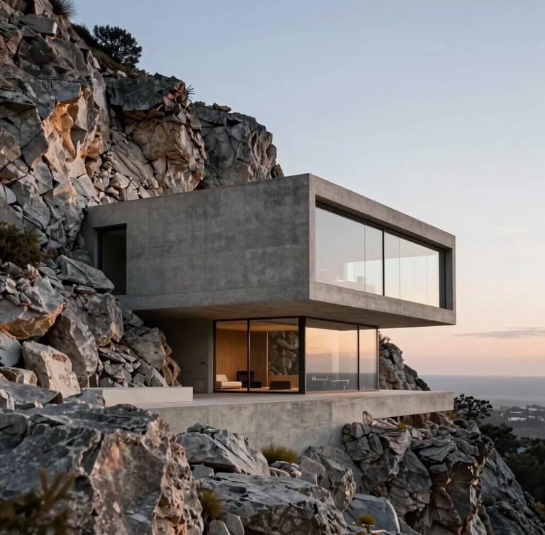 Wide-angle architectural photography of a brutalist luxury villa integrated into a rocky cliffside, raw concrete and textured stone walls, floor-to-ceiling glass, soft sunset light, Hasselblad 80mm style