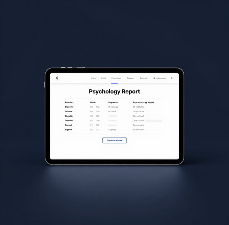 Minimalist studio photography, a clean UI mockup of a diagnostic psychological report on a sleek tablet, dramatic spotlight casting deep shadows, cool blue and dark slate tones, sharp focus
