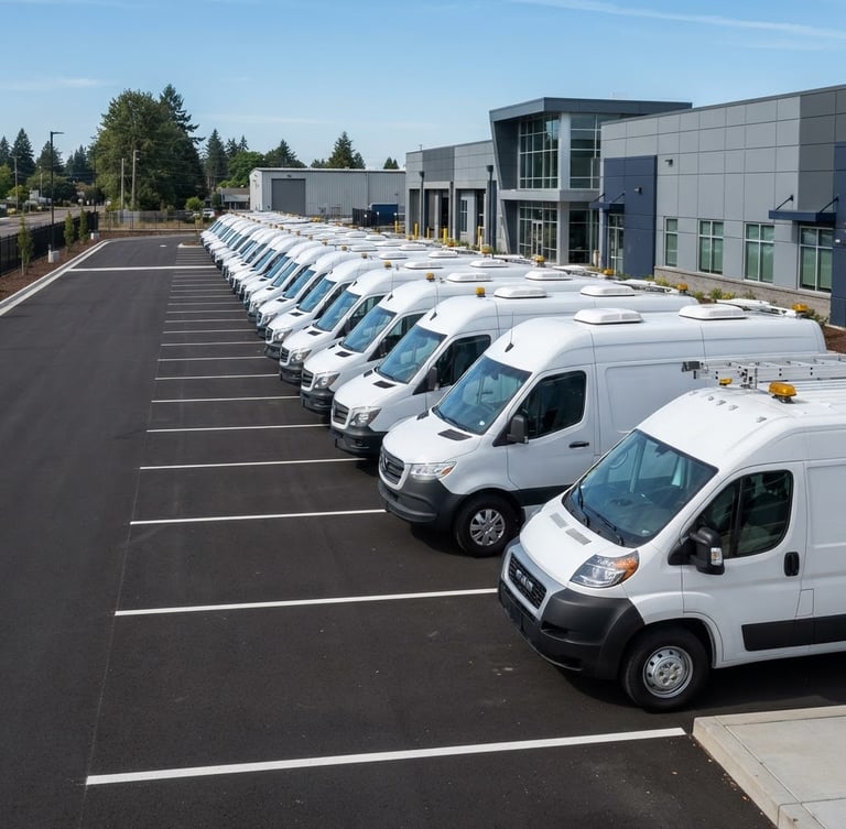 A modern fleet of white utility vehicles parked in a structured row under bright daylight, clean asphalt, professional municipal logistics environment.