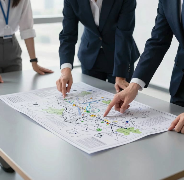 Crisp corporate photography of a structured office operation, bright daylight, a technical map spread on a slate gray table, professionals reviewing logistics.