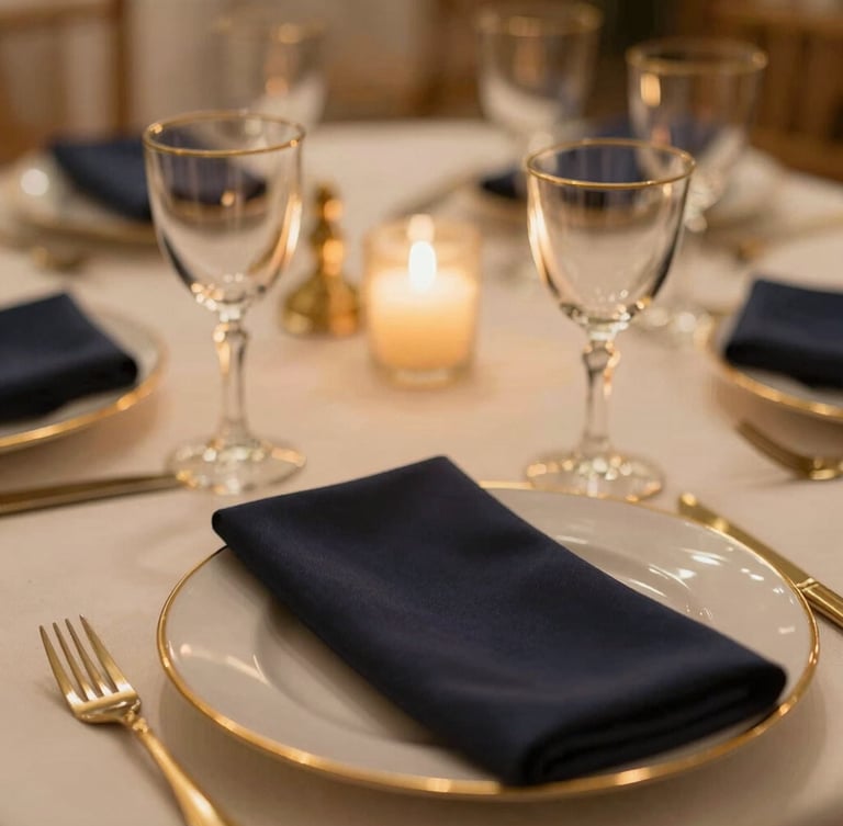 Close-up macro shot of elegant wedding table settings, gold-trimmed glassware, soft candlelight, silk napkins, warm editorial photography style
